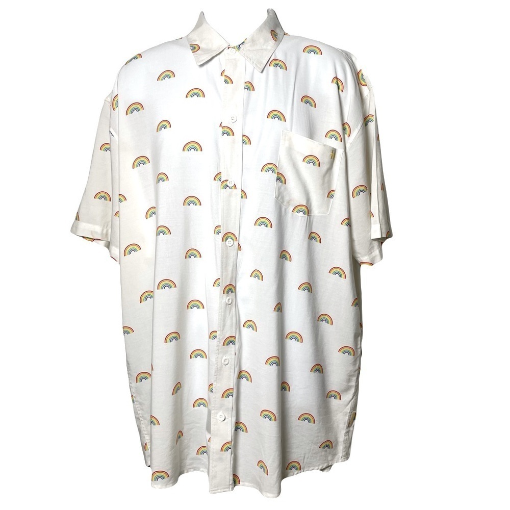 Tipsy Elves White Rainbow Print Men's Pride Oversized Button Up Shirt Size XXL